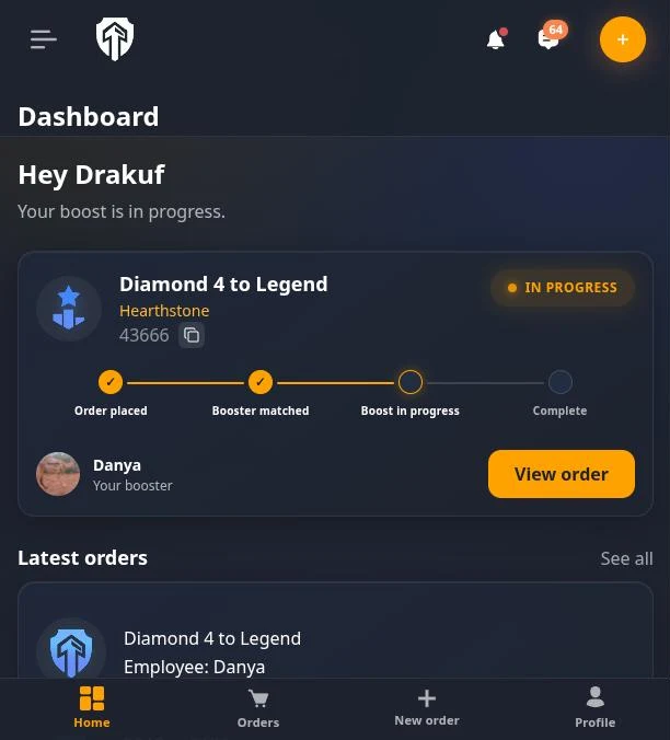 Tableau de bord client BuyBoosting montrant une commande de boost en direct avec étapes de progression et chat avec le booster